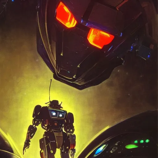 Image similar to a dark and colorful close - up of a sci - fi mecha tiger robot with led lights glowing fog in the background. highly detailed science fiction painting by norman rockwell, frank frazetta, and syd mead. rich colors, high contrast, gloomy atmosphere, dark background. trending on artstation