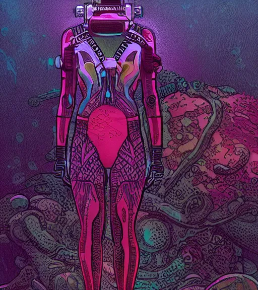 Image similar to a cyberpunk diver Polynesian woman swims through a dark bioluminescent alien coral reef, techwear, Industrial Scifi, detailed illustration, character portrait, by Martin Grip and Moebius