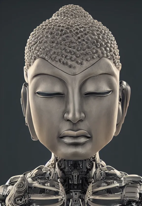 Image similar to perfectly centered portrait, front view of a beautiful biomechanical android alien robot buddha, female, flowing hair, intense stare, sarcastic smile, symmetrical, concept art, intricate detail, volumetric shadows and lighting, octane render, unreal engine,