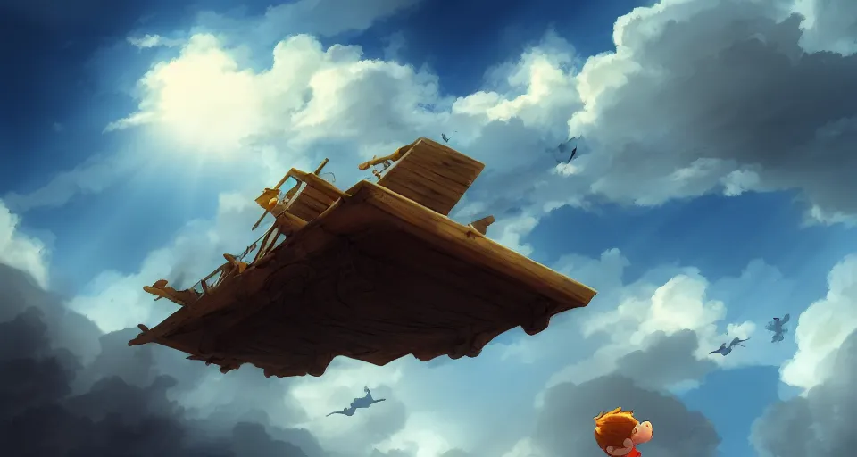 Prompt: a boy being thrown off of a large wooden fantasy sky - ship flying through the clouds with blue sky, andreas rocha style