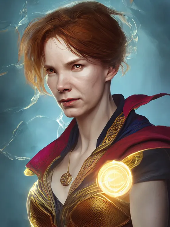 Image similar to female doctor strange, au naturel, hyper detailed, digital art, trending in artstation, cinematic lighting, studio quality, smooth render, unreal engine 5 rendered, octane rendered, art style by klimt and nixeu and ian sprigger and wlop and krenz cushart