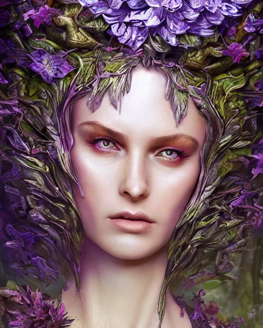 Image similar to portrait high definition photograph female fantasy character art, hyper realistic, pretty face, hyperrealism, iridescence water elemental, snake skin armor forest dryad, woody foliage, 8 k dop dof hdr fantasy character art, by aleski briclot and alexander'hollllow'fedosav and laura zalenga