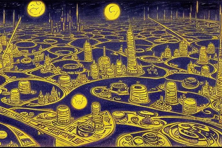 Image similar to a scifi illustration, Night City on Tatooine by Louis Wain (1920)