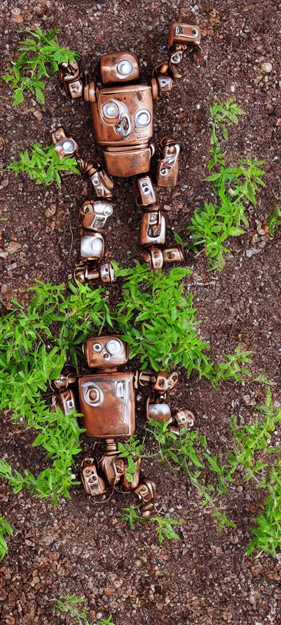 Image similar to award winning photo of robot body rusty and filled with plants, stunning, 4 k, detailed, top - down, realistic