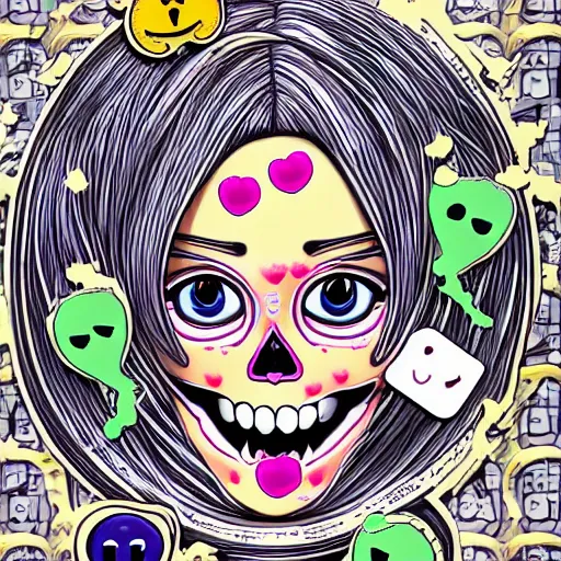 Image similar to portrait of a anime angel happy smiley girl skull face with emoji’s and bubbles detailed highres 4k by Trevor Brown pop art nouveau