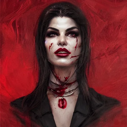 Image similar to portrait of jacqueline fernandez upper body in bloody business suit, blood red eyes, vampire fangs, fantasy, intricate, elegant, highly detailed, digital painting, artstation, concept art, matte, sharp focus, illustration, art by aenaluck and roberto ferri and greg rutkowski, epic fantasy, digital painting