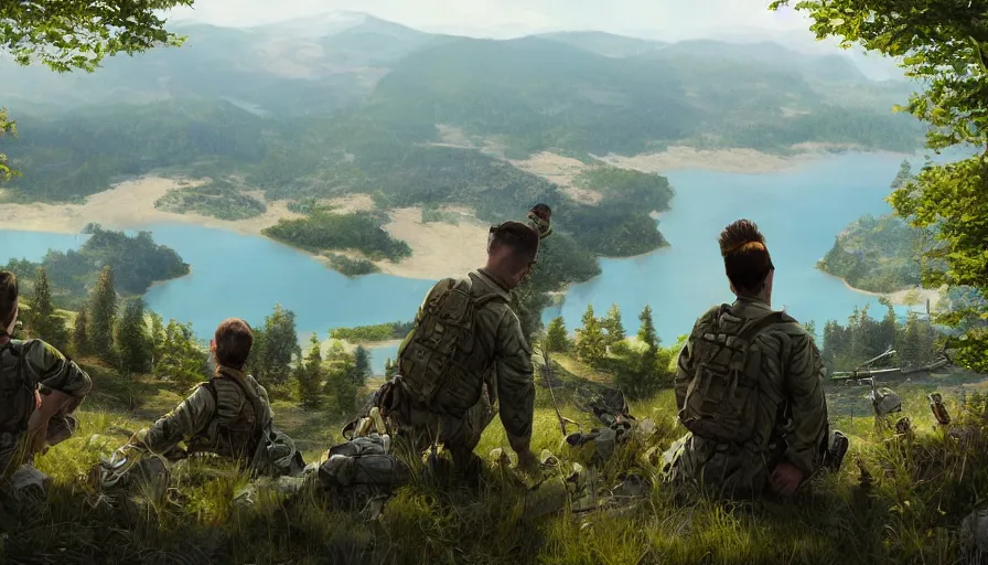 Image similar to back view of soldiers watching lake from the mountains, sunny day, forest, hyperdetailed, artstation, cgsociety, 8 k