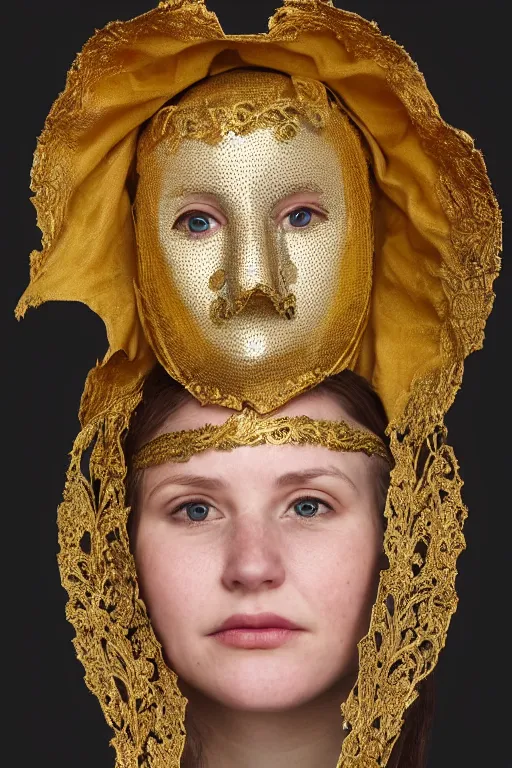 Prompt: a young woman dressed as a farmer from the middle ages, wearing an intricate gold mask. photoreal, metal filigree, realitic portrait.