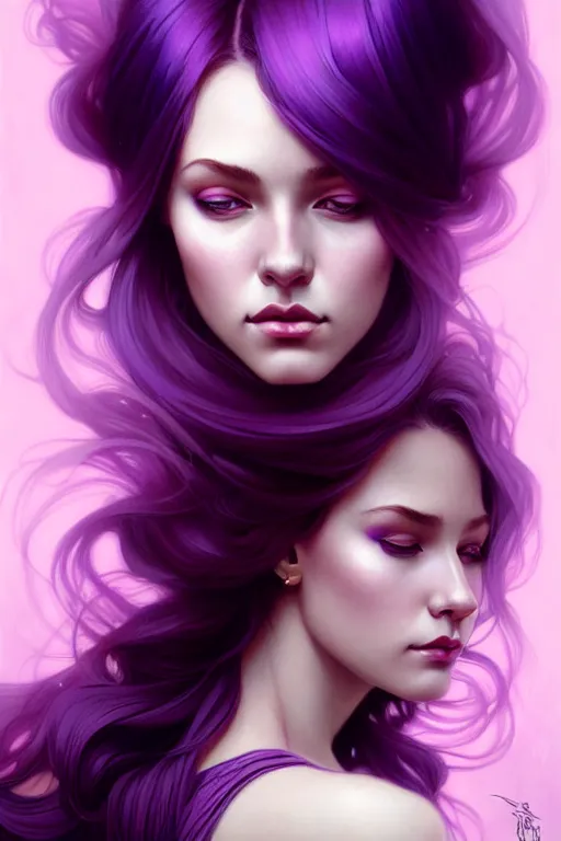 Image similar to Purple hair, creative colouring Portrait of woman, fashion, intricate, elegant, highly detailed, digital painting, artstation, concept art, smooth, sharp focus, illustration, art by artgerm and greg rutkowski and alphonse mucha