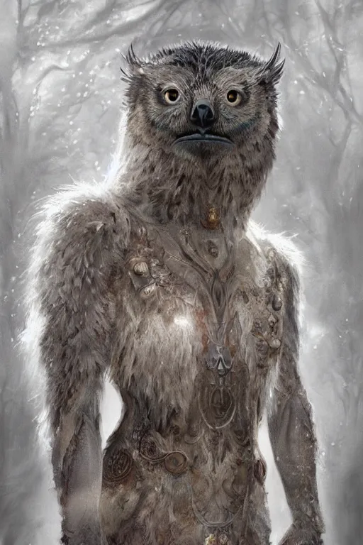 Image similar to a beautiful upper body shot from a fantasy film of a humanoid grey owlbear wearing a loose tunic. an anthropomorphic owlbear. fantasy, frown, intricate, elegant, highly detailed, digital painting, artstation, concept art, matte, sharp focus, illustration, art by artgerm and greg rutkowski and alphonse mucha