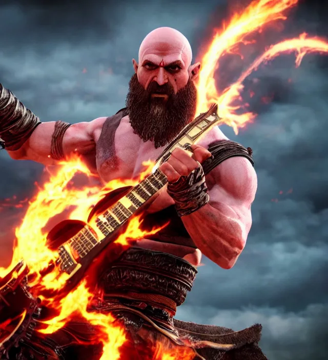 Image similar to kratos shredding on a flaming stratocaster guitar guitar, cinematic render, god of war 2 0 1 8, santa monica studio official media, lightning, stripe over eye, hands