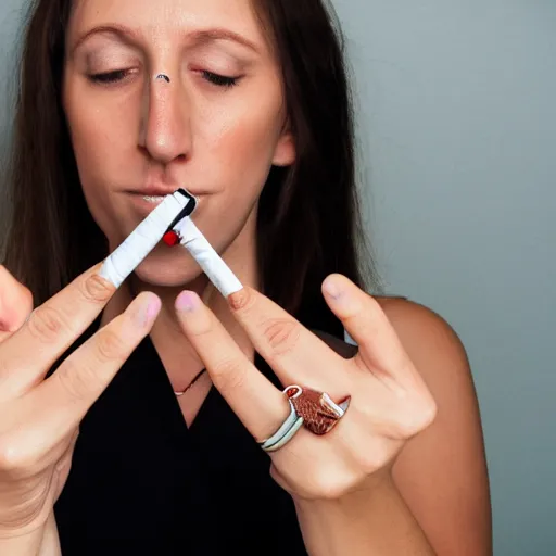 Image similar to a normal female hand with five fingers and ring hold joint, a cigarette between the middle and index fingers, a cigarette, smoke