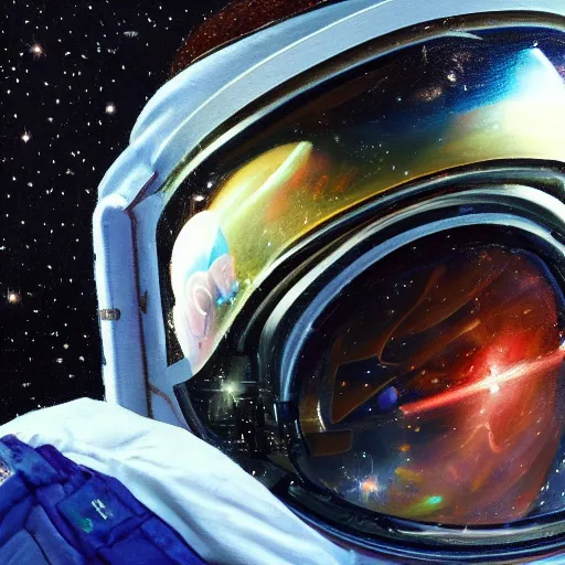 Image similar to a close up painting of an astronaut floating in space. his helmet visor is dark and reflective. you can see the reflection of flowers in his helmet visor.