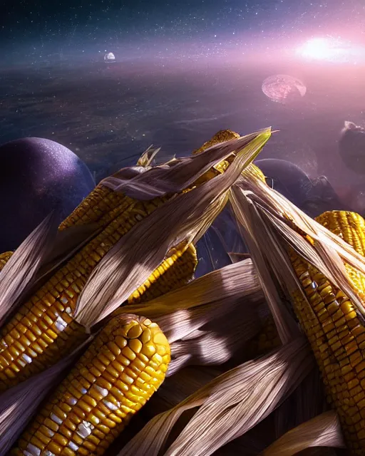 Prompt: corn cobs in a big pile on space station, hyper realism, cinematic, dramatic ambient lighting, high detail, octane render, unreal engine, 8 k, vibrant colors, high contrast, depth of field, professional photo, concept art, dnd, 3 d render, digital art, deviantart artstation, ray tracing, apocalyptic, extremely detailed, very sharp,