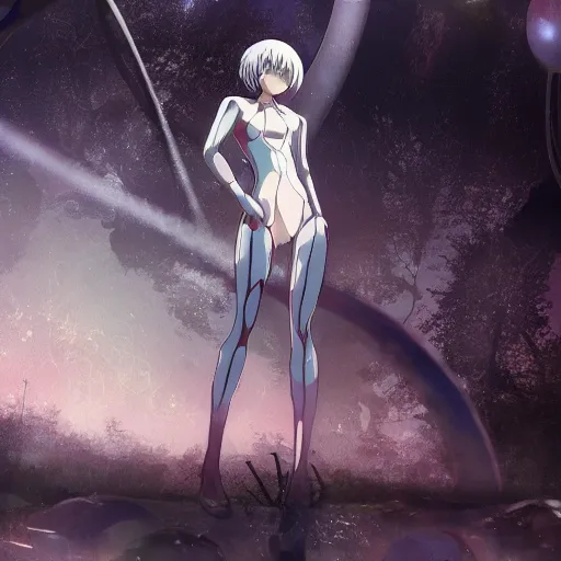 Image similar to Rei Ayanami female anime character, technological big shiny silver liquid chrome rings, inside an otherworldly planet, shot from the ground by Yoshiyuki Sadamoto, otherworldly experimental environment concept, digital art, trending on artstation, low level, 4K UHD image, octane render, Howl's Moving Castle, tranquil divine observer Nymph by ismail inceoglu nicola samori dragan bibin hans thoma greg rutkowski Alexandros Pyromallis Nekro, Jeffrey Smith, Surrealism, Rene Margitte illustrated, official anime key media, 8k, Sharp, zdzisław beksiński, highly detailed