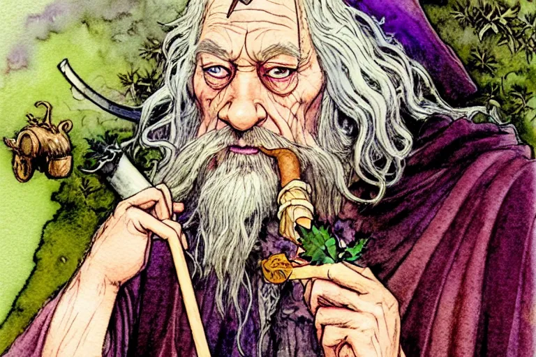 Image similar to a realistic and atmospheric watercolour fantasy character concept art portrait of gandalf with pink eyes lying on his back looking happy and confused and smoking weed out of his pipe with a pot leaf nearby, by rebecca guay, michael kaluta, charles vess and jean moebius giraud