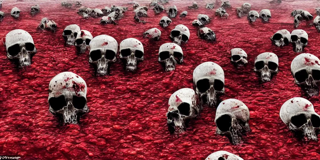 Prompt: a scary photo of a blood sea with skulls floating in it