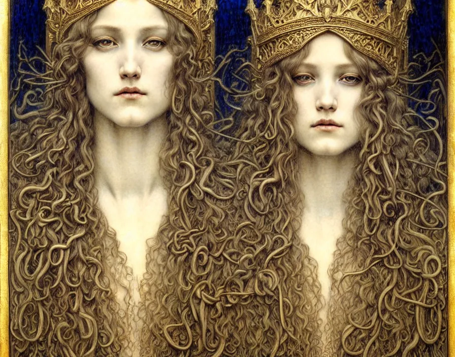 Image similar to detailed realistic beautiful young medieval queen face portrait by jean delville, gustave dore and marco mazzoni, art nouveau, symbolist, visionary, gothic, pre - raphaelite. horizontal symmetry