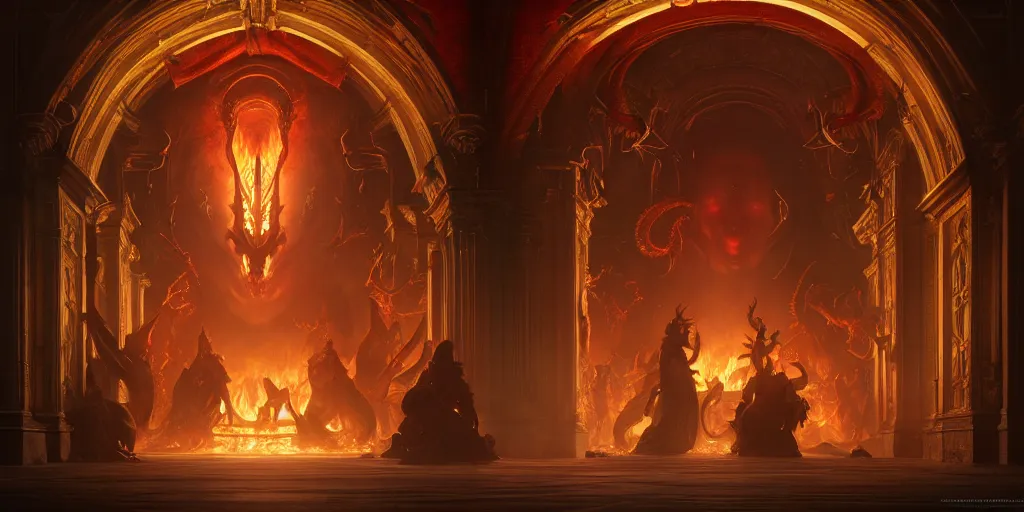 Image similar to ultra realistic, artstation, concept art, natural lighting, by artgerm and greg rutkowski and alphonse mucha and wlop, demons, fire, hell interior with surrounded archways. rendered in octane render with photorealistic lighting, 8 k, hd