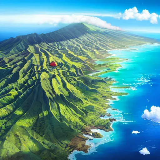 Image similar to a painting a breathtaking aerial view of Hawaiian islands, surrounded by palm trees, clouds, flowers, volcano, azure ocean, sunlight glistening, glow, , a detailed matte painting by sylvain sarrailh, Stephan Martinière, by RHADS, Makoto Shinkai, bokeh, Artstation contest winner, fantasy art, concept art, #vfxfriday