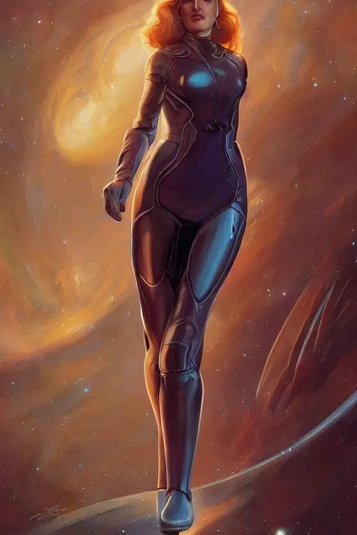 Prompt: young Gillian Anderson as a ruggedly beautiful retro SCI-FI space heroine 1985 , intricate, elegant, highly detailed, centered, digital painting, artstation, concept art, smooth, sharp focus, illustration, art by artgerm and donato giancola and Joseph Christian Leyendecker, Ross Tran, WLOP