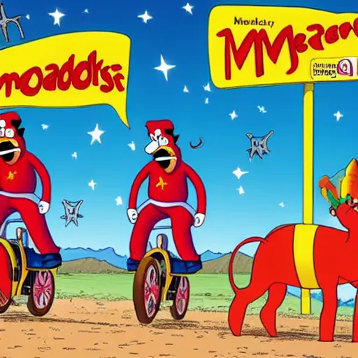 Prompt: Ned Flanders, Ronald McDonald, and Mr. Krabs storming Area 51 while riding on a camel wearing a basketball jersey