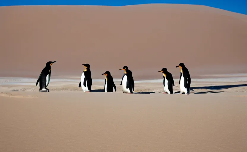 Image similar to penguins in sand dunes, photography