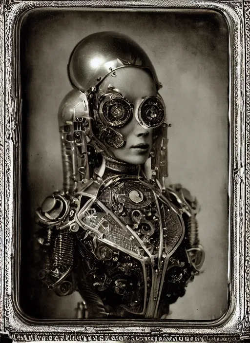 Prompt: old wetplate daguerreotype portrait of a futuristic silver armored marie antoinette cyborg, fractal, intricate, elegant, highly detailed, subsurface scattering, by jheronimus bosch and greg rutkowski and louis jacques mande daguerre