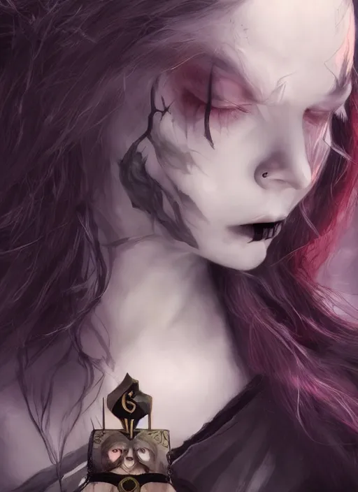 Image similar to tarot!!, pale, beautiful goth vampire with long hair, fantasy, elegant, concept art, sharp focus, beautiful face!!, digital art, Hyper-realistic, 4K, Unreal Engine, Highly Detailed, HD, Dramatic Lighting, Beautiful, by Brom, trending on Artstation
