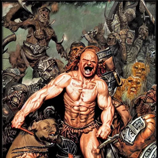 Image similar to grinning pit bull barbarian, fantasy warrior, drooling, ultra detailed, 4 k, style of norman rockwell, style of richard corben.