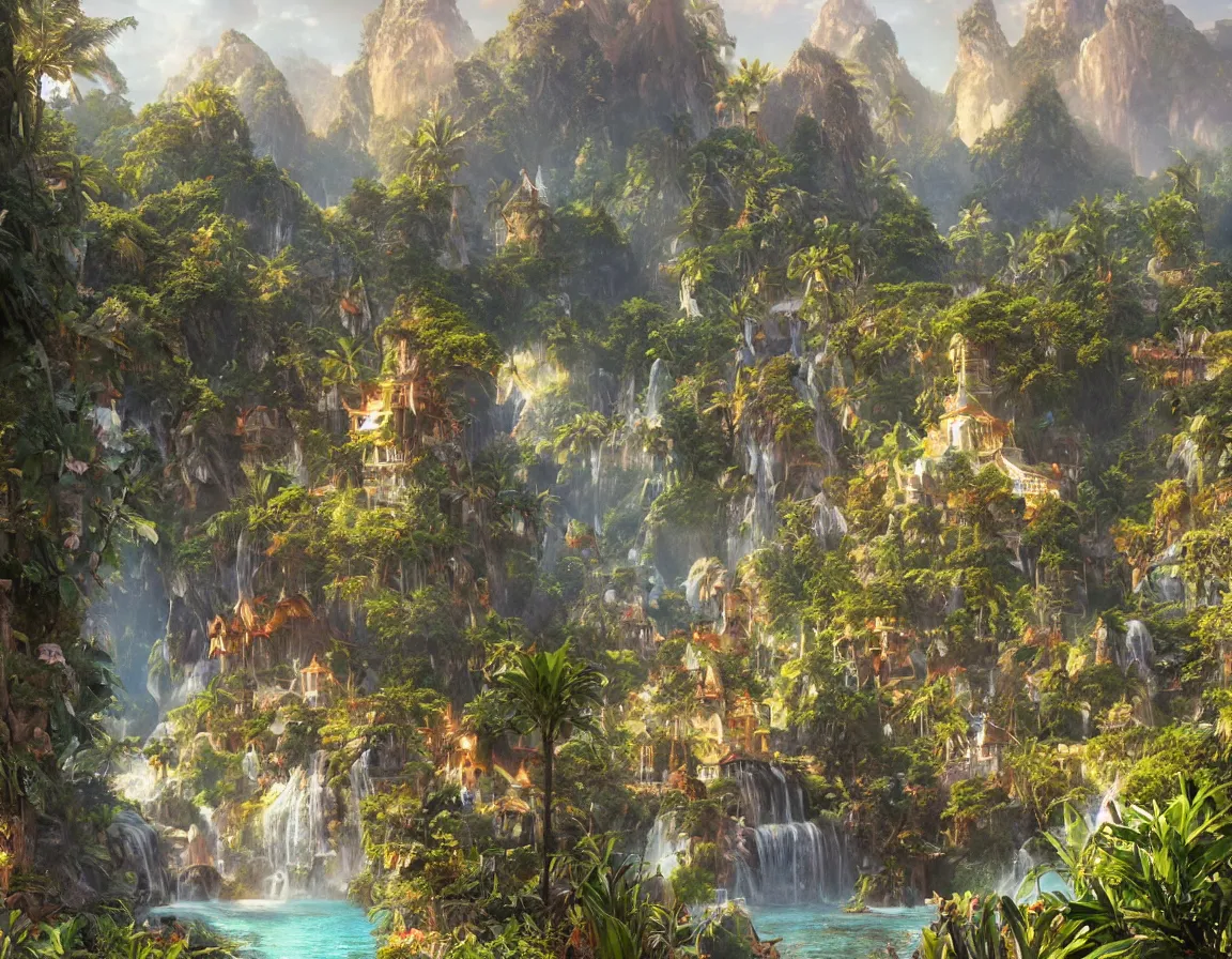 Image similar to ultra realistic illustration of magical shangri - la island, in the land of eden, hd, hdr, cinematic 8 k, ultra detailed, high resolution, smooth, sharp focus, illustration, art by artgerm and greg rutkowski and alphonse mucha