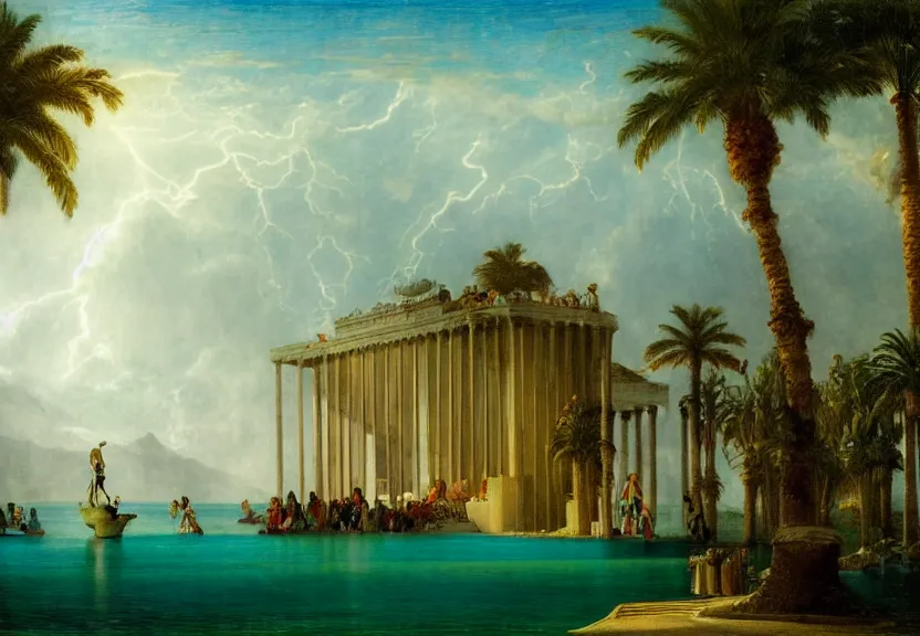 Image similar to Palace floating in the sky, 1km tall, thunderstorm, greek pool, beach and palm trees on the background major arcana sky, by paul delaroche, hyperrealistic 4k uhd, award-winning very detailed