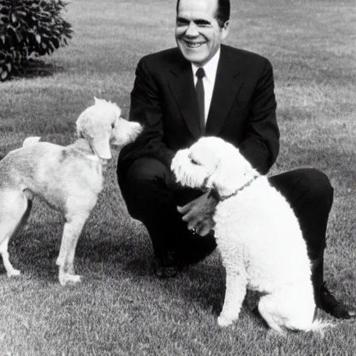 Prompt: Richard Nixon petting the family dog, Checkers. White House photo.