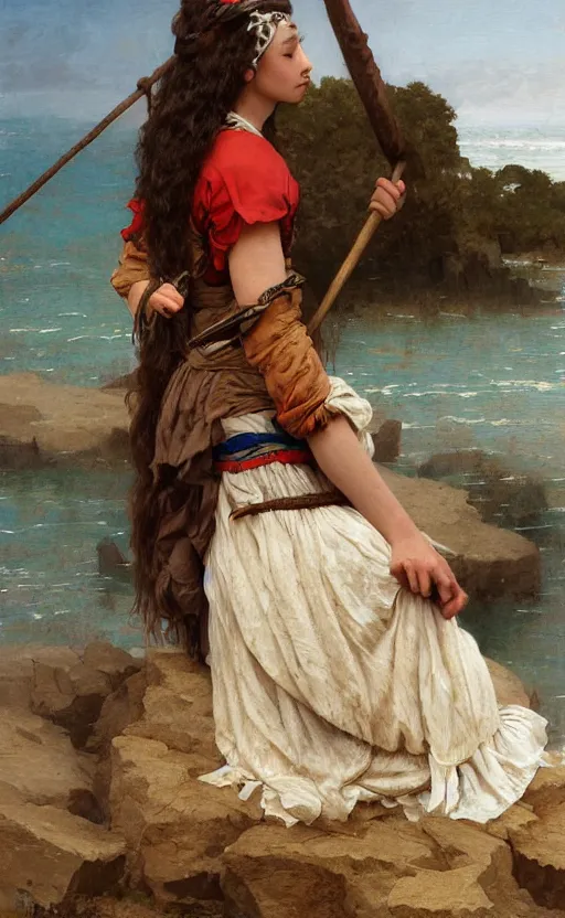 Image similar to fisherwoman emma dumont, traditional corsican, intricate, highly detailed, artstation, illustration, jurgens, rutkowski, bouguereau, lipking, ferri
