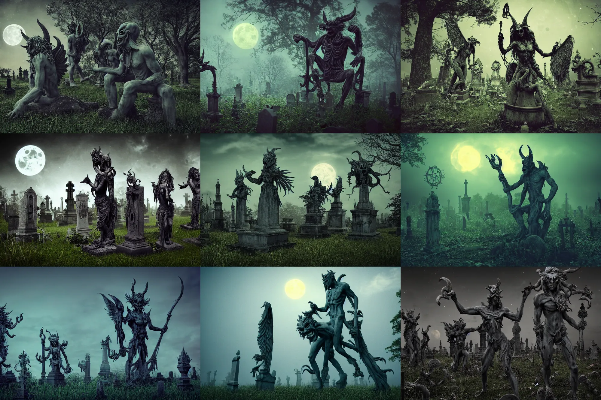 Prompt: a photograph of demon statues demon statues in an overgrown graveyard, scary creatures, cosmic horror, morbid art, sharp focus, cinematic, high angel distant shot, moonlight, hyper detailed, 4 k, octane render, deviantart,