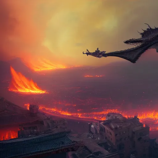 Image similar to dragon flying over a city, fire, lava, smoke, ethereal, matte painting, highly detailed, by eddie mendoza 8 k resolution