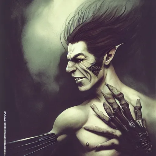 Image similar to head and shoulders vogue fashion photo portrait of a male vampire, d & d, fantasy, greg rutkowski, frank frazetta, alexandre chaudret, boris vallejo, michael whelan, miro petrov, hr giger, magali villeneuve, donato giancola