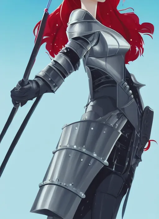 Prompt: a young woman in full plate armor with beautiful hair and red lips stages in a dramatic pose. she is a knight. clean cel shaded vector art. shutterstock. behance hd by lois van baarle, artgerm, helen huang, by makoto shinkai and ilya kuvshinov, rossdraws, illustration, art by ilya kuvshinov