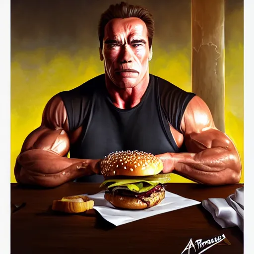 Prompt: portrait of Arnold schwarzenegger eating hamburgers, extra onions and ketchup, luscious patty with sesame seeds, feminine ethereal, handsome, D&D, fantasy, intricate, elegant, highly detailed, digital painting, artstation, concept art, matte, sharp focus, illustration, art by Artgerm and Greg Rutkowski and Alphonse Mucha