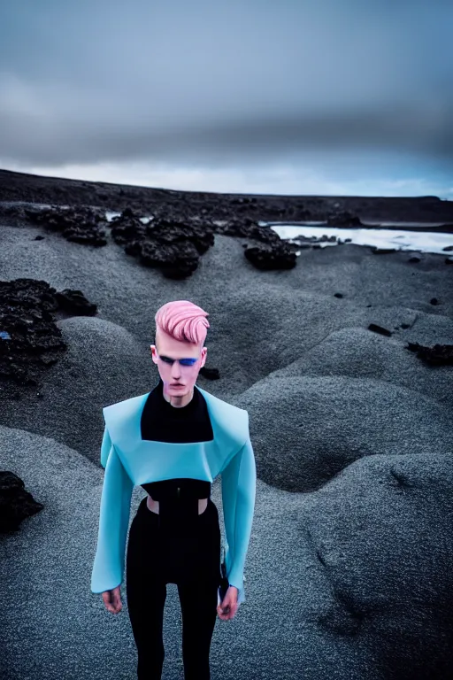 Image similar to high quality pastel coloured film wide angle selfie photograph of an androgynous cyber model standing in an icelandic black rock environment. three point light. photographic. art directed. pastel colours. volumetric light. stark. rocks. waves. 8 k. filmic.