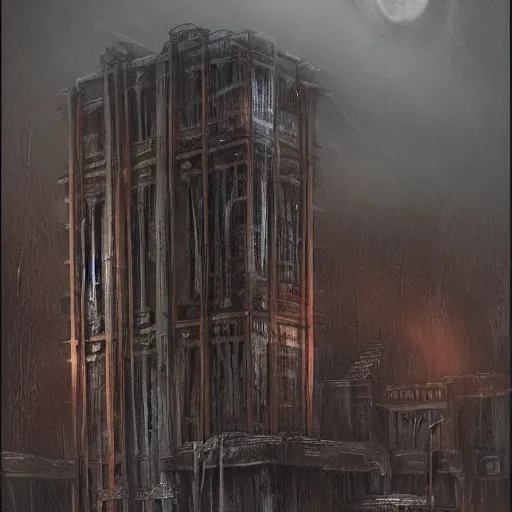 Image similar to outside a large orange biomechanical building, by h r giger, night, dimly lit, moody, creepy atmosphere, artstation