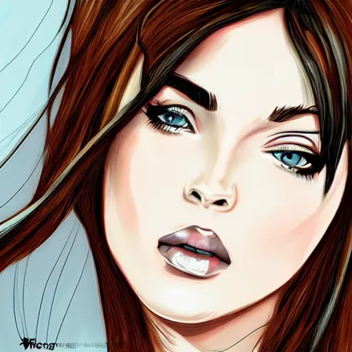 Prompt: megan fox portrait, anime art, cartoon face, character art, digital illustration, big eyes, semirealism