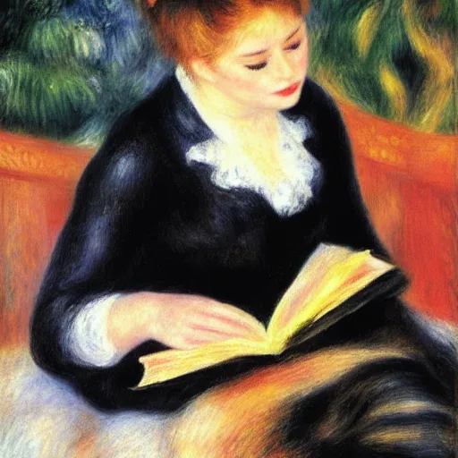 Prompt: renoir painting of black cat reading a book