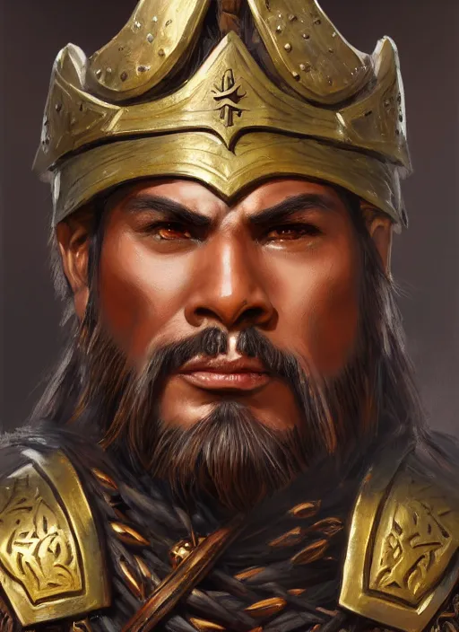 Image similar to smart tai warlord, closeup portrait, historical hero, ethnic group, tai costume, bronze headdress, intricate, with leather armor cross on bare chest, elegant, loin cloth, highly detailed, oil painting, artstation, concept art, matte, sharp focus, illustration, hearthstone, art by earl norem