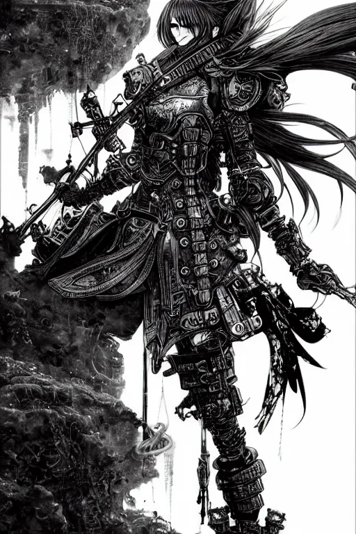 Prompt: a vertical portrait of a character in a scenic environment by Yoshitaka Amano and Nihei Tsutomu, black and white, dreamy, steampunk armor, black hair, highly detailed