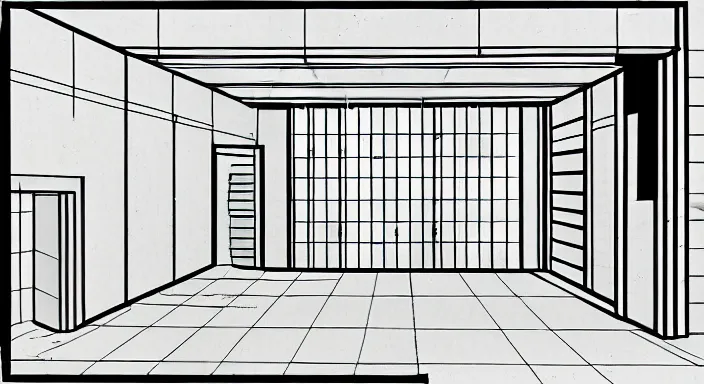 Prompt: technical drawing of secret underground laboratory room interior