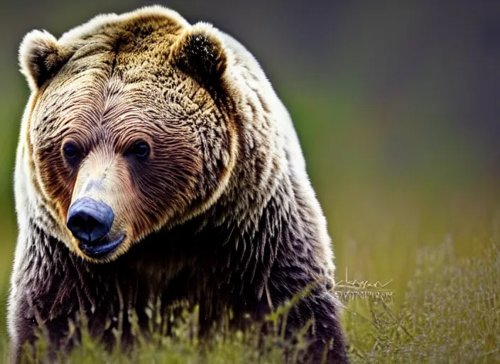 Prompt: an award winning photo of a grizzly bear with an owl's head, enviromental portrait, forest, 4 k, wildlife photography, high quality, national geographic