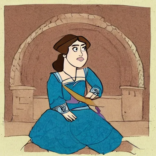 Image similar to a warrior princess sitting in her court, in the art style of cartoon saloon.