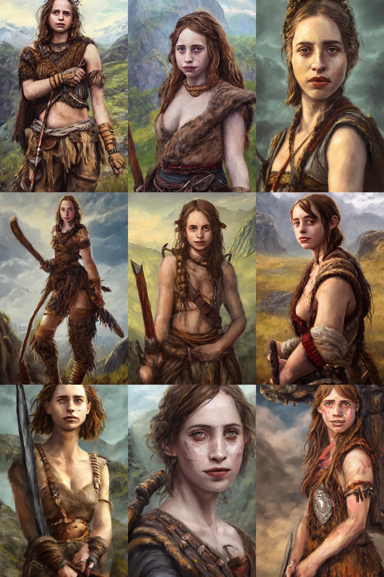 Prompt: a full body high detail fantasy portrait oil painting illustration of maya hawke as a beautiful young rugged smiling barbarian woman by justin sweet with face and body clearly visible, in a scenic background, pupils visible, realistic proportions, d & d, rpg, forgotten realms, artstation trending, high quality, sombre mood, artstation trending, muted colours, entire person visible!