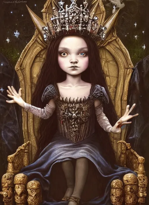 Image similar to highly detailed closeup portrait of a goth fairytale medieval princess wearing a crown and sitting on a throne, surrounded by cute medieval goblins, unreal engine, nicoletta ceccoli, mark ryden, earl norem, lostfish, global illumination, god rays, detailed and intricate environment